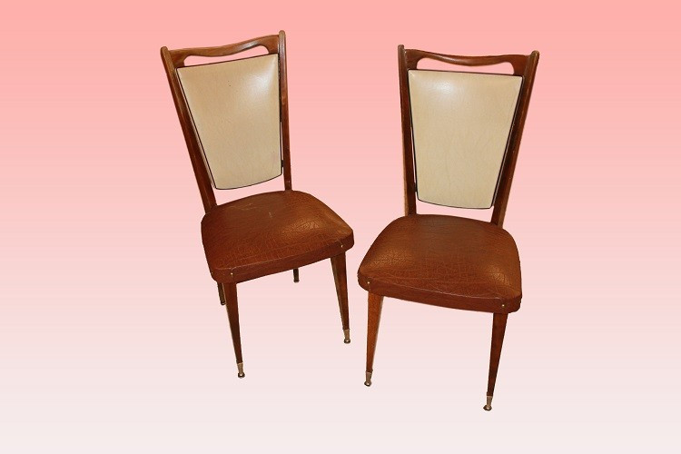 Group Of 6 French Art Deco Chairs In Mahogany. They Have A Backrest Upholstered In White Faux 