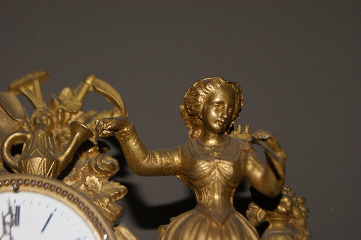 French Table Clock From The Second Half Of The 19th Century In Gilded Metal With A Marble Top, -photo-4