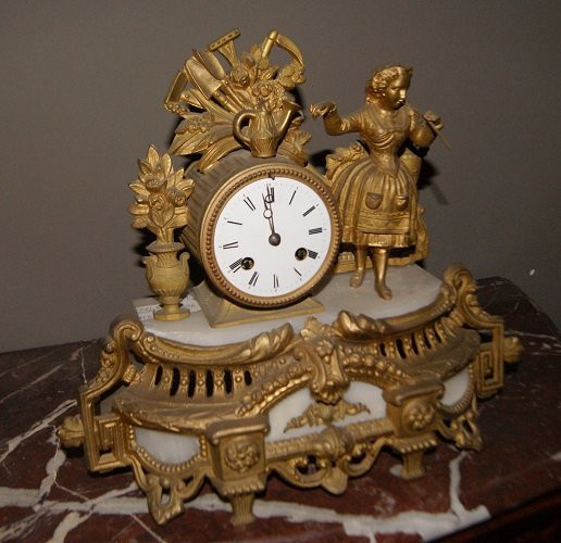French Table Clock From The Second Half Of The 19th Century In Gilded Metal With A Marble Top, -photo-1