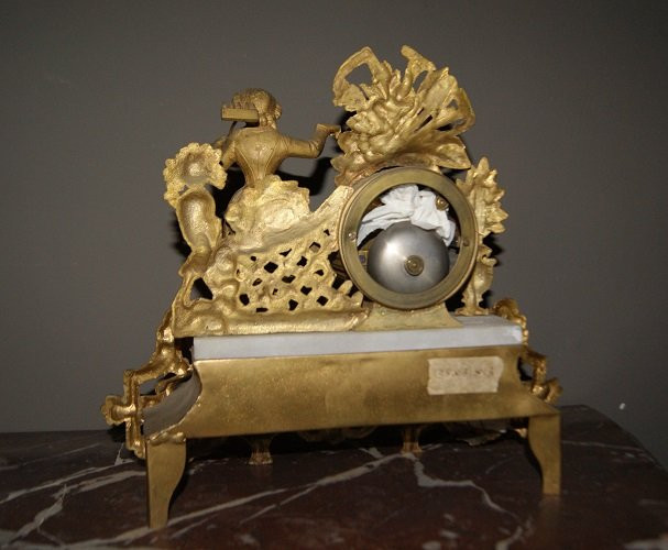 French Table Clock From The Second Half Of The 19th Century In Gilded Metal With A Marble Top, -photo-2