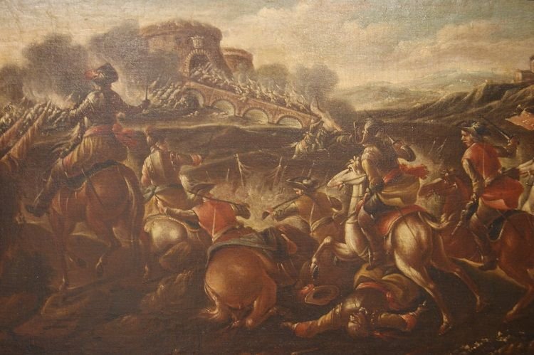 Pair Of Italian Oils On Canvas From The Second Half Of 1600 Depicting Battaglia-photo-3