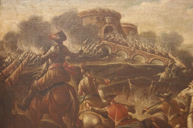 Pair Of Italian Oils On Canvas From The Second Half Of 1600 Depicting Battaglia-photo-4