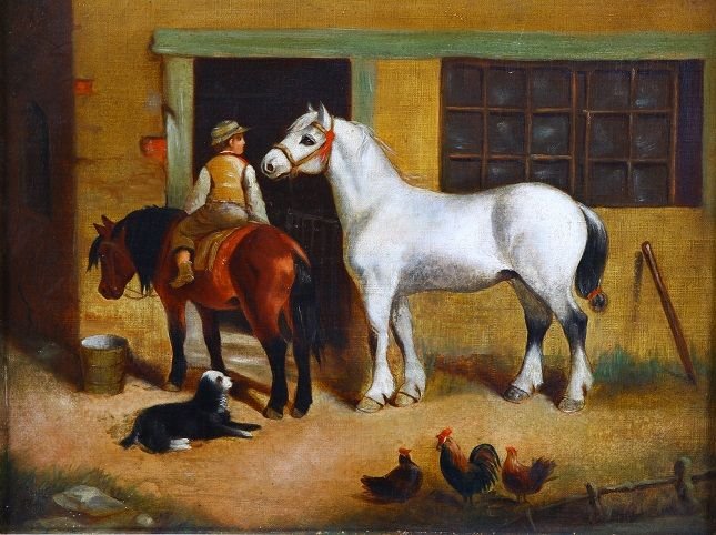 Oil On English Canvas From The Second Half Of The 1800s, Depicting A Child On Horseback-photo-2