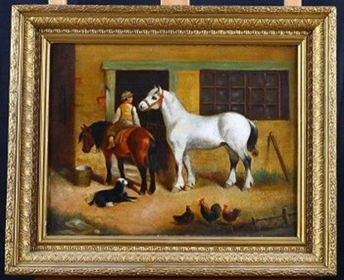 Oil On English Canvas From The Second Half Of The 1800s, Depicting A Child On Horseback