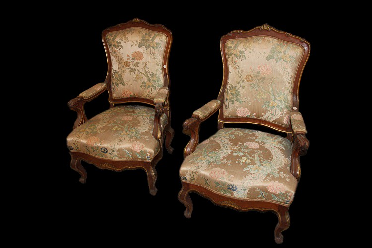 Pair Of French Armchairs From The Second Half Of The 1800s, Louis XV Style, In Cherry Wood