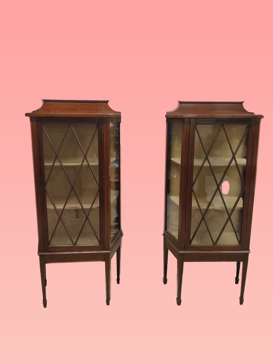 Pair Of English Mahogany Display Cabinets With Inlay Work. In Excellent State Of Preservation. 