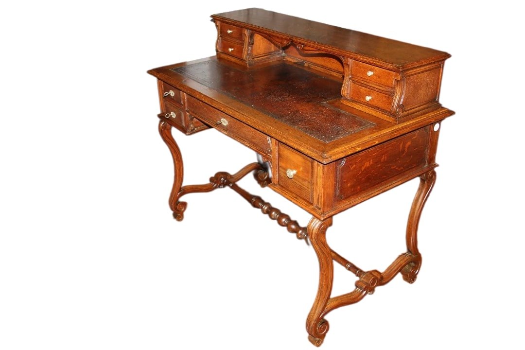 Early 1800s French Rustic Oak Writing Desk. It Features A Leather Top, A Raised Section-photo-2
