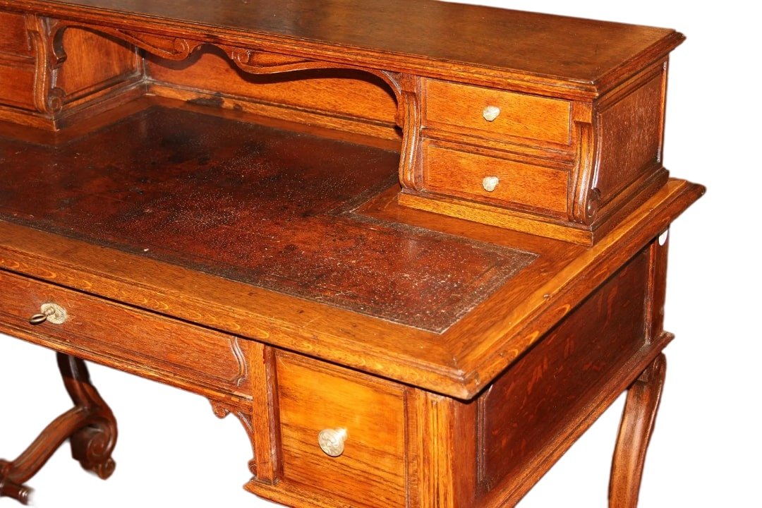 Early 1800s French Rustic Oak Writing Desk. It Features A Leather Top, A Raised Section-photo-3
