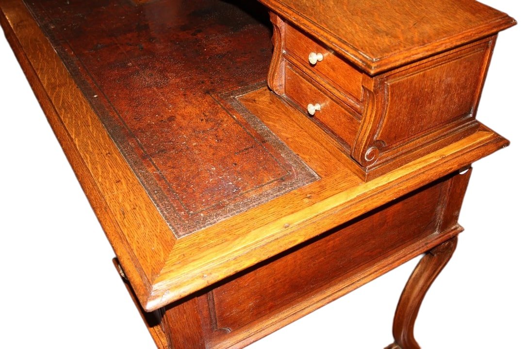 Early 1800s French Rustic Oak Writing Desk. It Features A Leather Top, A Raised Section-photo-3