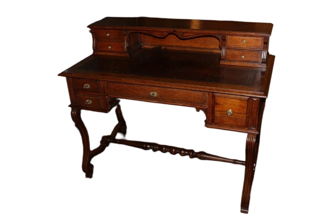 Early 1800s French Rustic Oak Writing Desk. It Features A Leather Top, A Raised Section