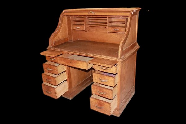 American Roll-top Desk From The Early 1900s, Made Of Oak-photo-2
