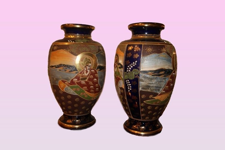 Pair Of Large, Richly Decorated Japanese Satsuma Vases From The Mid-1800s. Manufacturing Mark O-photo-2