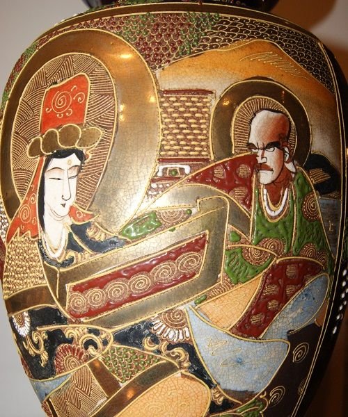 Pair Of Large, Richly Decorated Japanese Satsuma Vases From The Mid-1800s. Manufacturing Mark O-photo-1