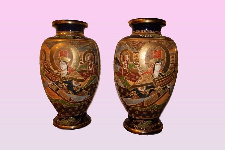 Pair Of Large, Richly Decorated Japanese Satsuma Vases From The Mid-1800s. Manufacturing Mark O