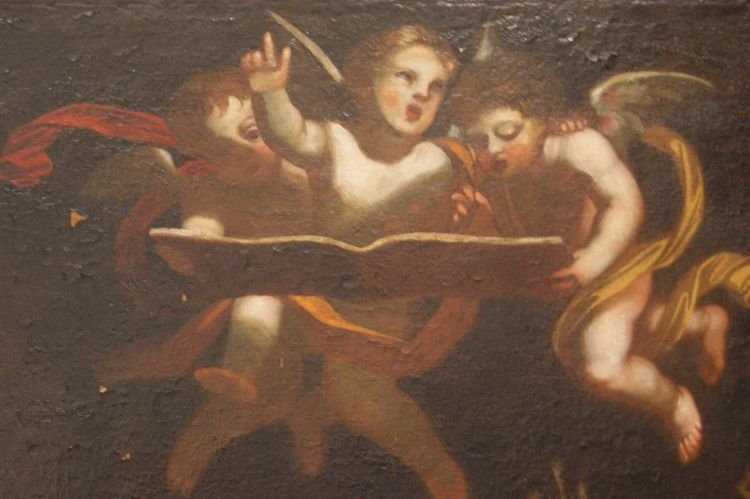 Huile Sur Toile Italienne De 1600 Représentant 3 Anges Chérubins-photo-3