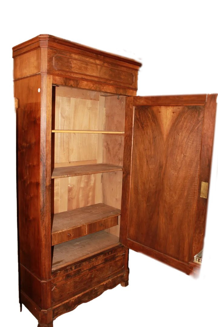 Armoire Penderie à Une Porte Style Louis Philippe En Noyer Et Ronce De Noyer-photo-4