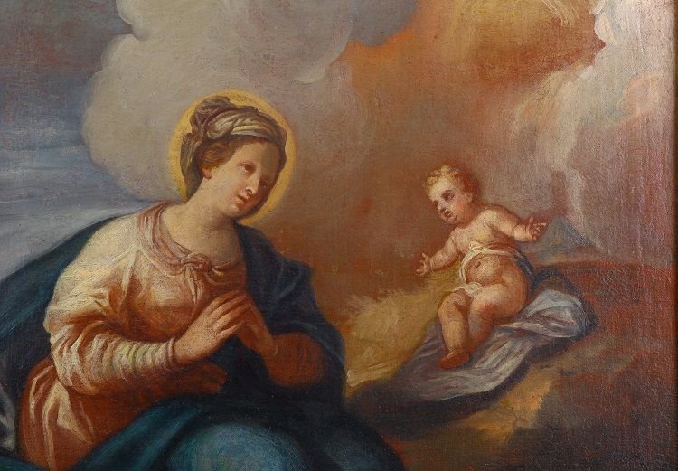 Huile Sur Toile Italienne De 1700 Représentant Adoration Vierge Avec Jésus-photo-2