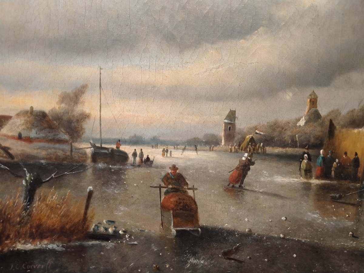 Oil On Canvas Depicting A Landscape With A River Enriched With Figures On Skates And Sleds-photo-4