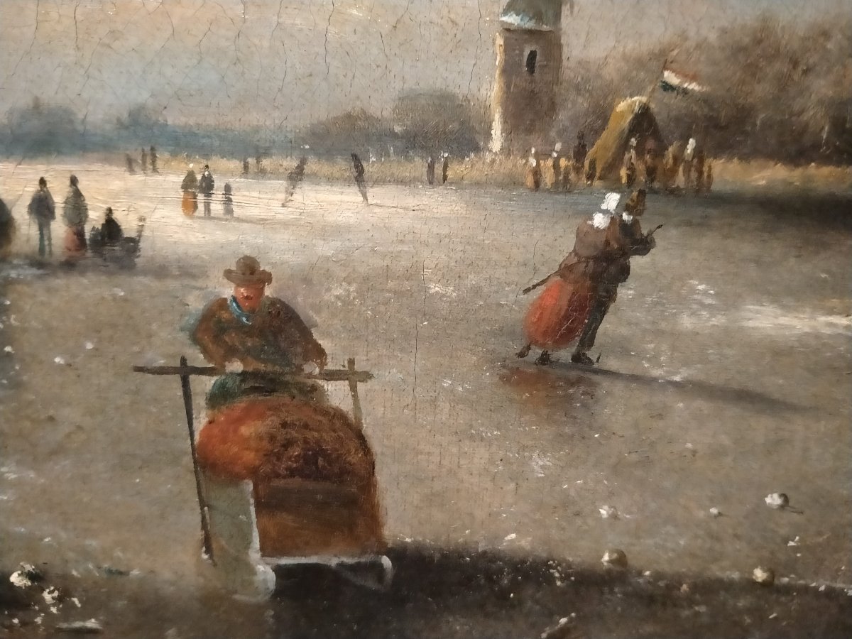 Oil On Canvas Depicting A Landscape With A River Enriched With Figures On Skates And Sleds-photo-3