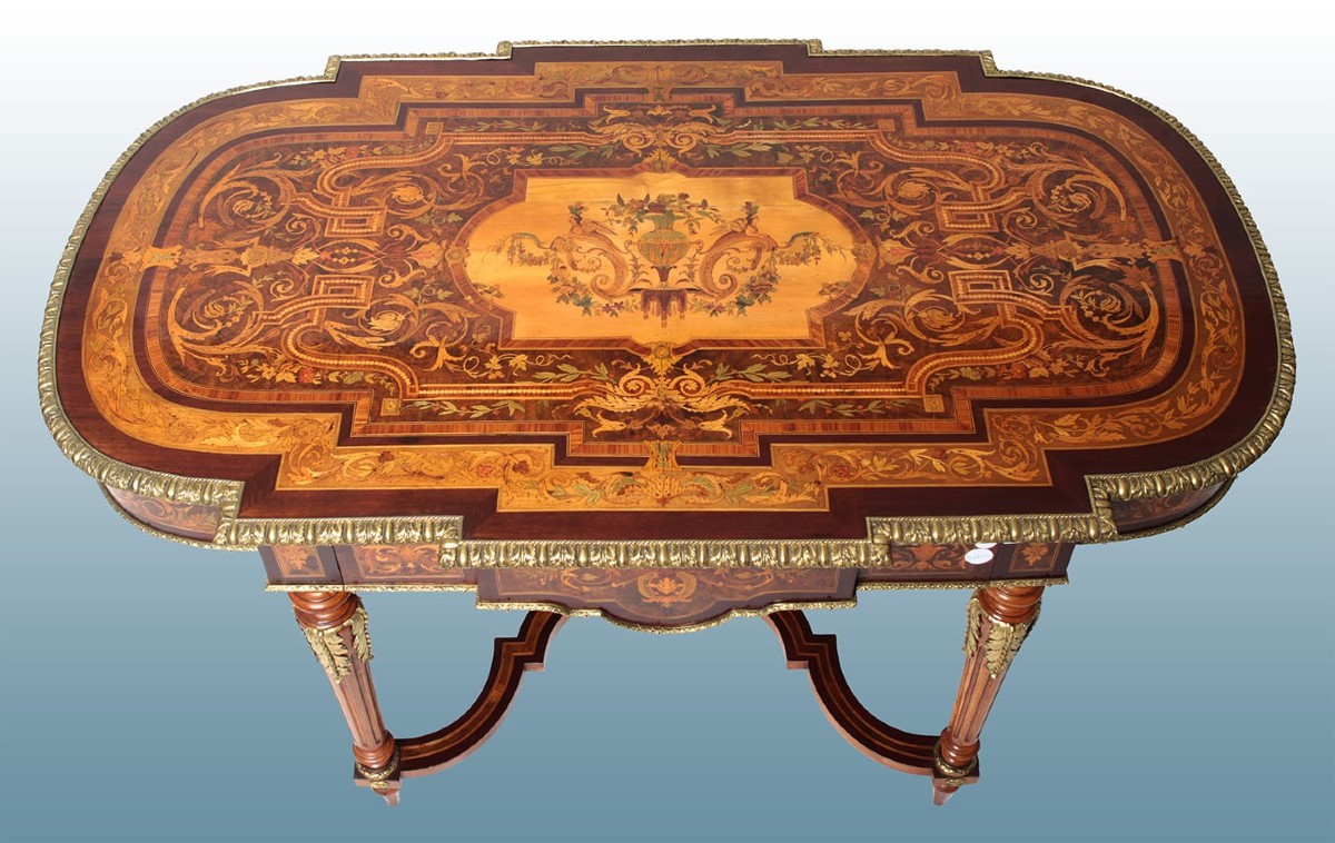 Rectangular Center Table With Round Corners. Inlay Rich In Polychrome With Floral Pattern. 4 Gr