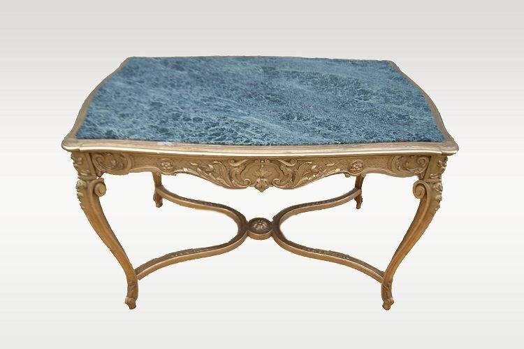 Table De Salon Louis XV De 1800 Dorée à La Feuille d'Or Et Marbre Vert Des Alpes-photo-2