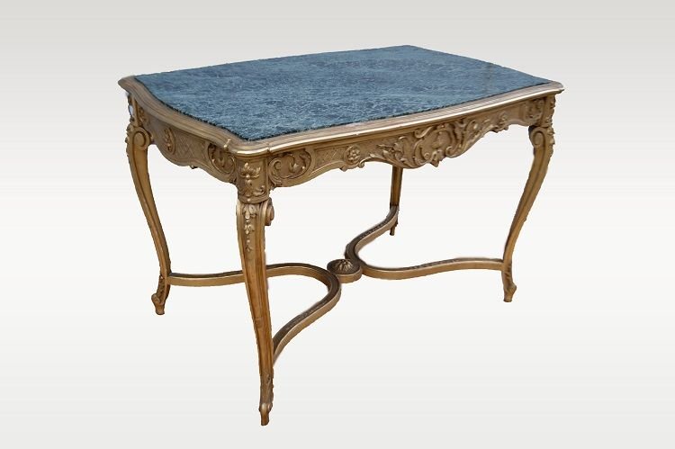 Table De Salon Louis XV De 1800 Dorée à La Feuille d'Or Et Marbre Vert Des Alpes-photo-3