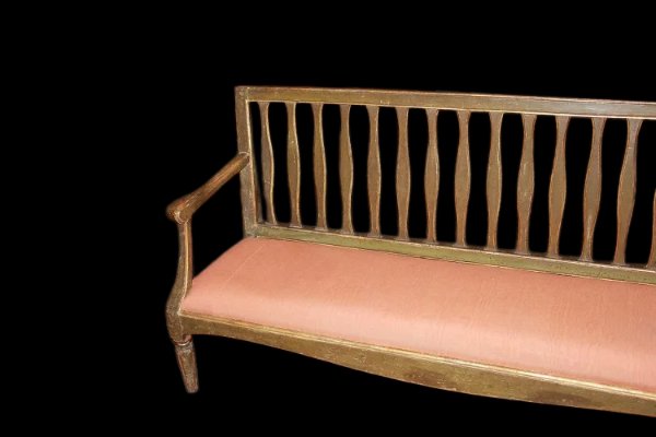 Italian Sofa From The Late 1700s, Louis XVI Style, In Gilded Wood. It Features An Open Back Wit-photo-2