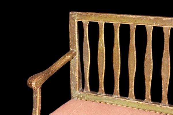 Italian Sofa From The Late 1700s, Louis XVI Style, In Gilded Wood. It Features An Open Back Wit-photo-3
