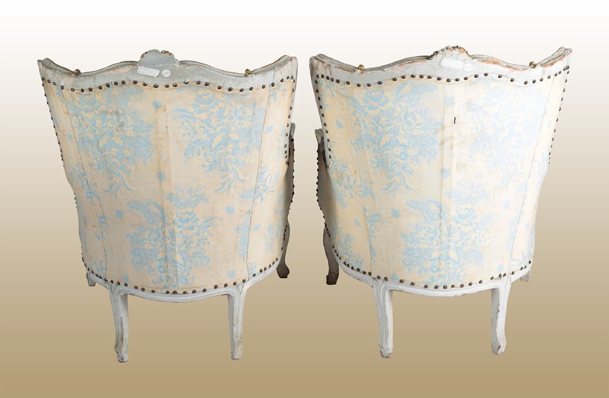 Paire De Bergères Fauteuils Françaises Des Années 1800 Décapées Et Dorées De Style Louis XV-photo-2