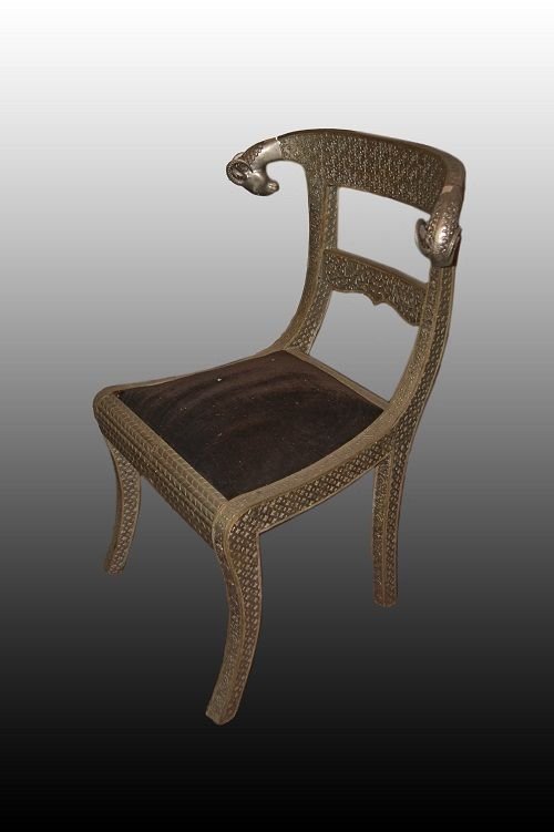 Group Of 4 Indian Chairs From The Early 1900s Entirely In Wood Covered With Bronzed Metal-photo-2
