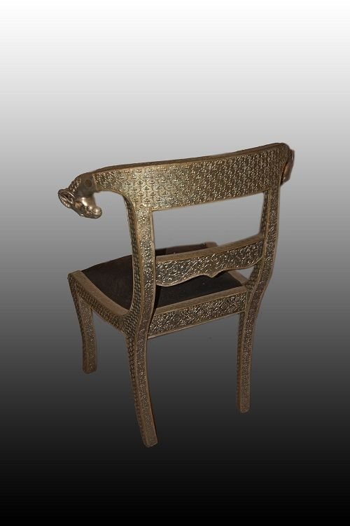 Group Of 4 Indian Chairs From The Early 1900s Entirely In Wood Covered With Bronzed Metal-photo-4