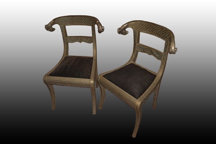 Group Of 4 Indian Chairs From The Early 1900s Entirely In Wood Covered With Bronzed Metal