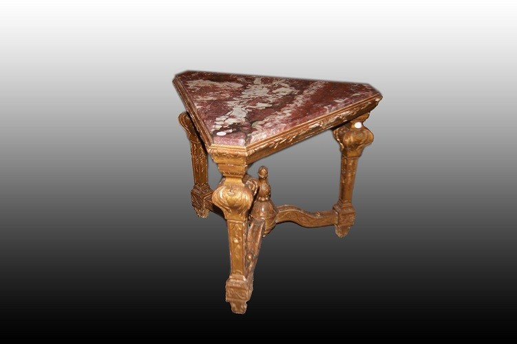 French Triangular Coffee Table From The Mid-1800s Louis XIV Style In Wood Gilded With Gold Leaf