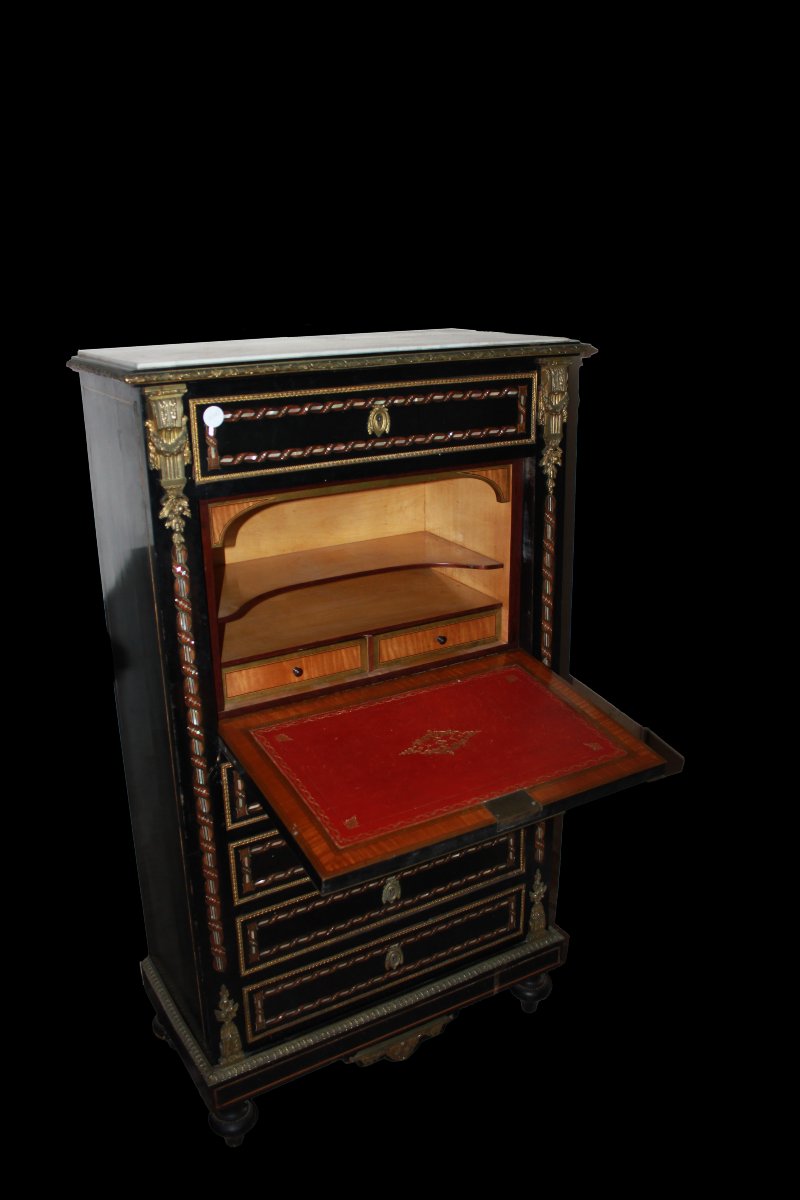 Secrétaire Napoléon III En Bois ébonisé Avec Incrustations De Nacre Du XIXe Siècle-photo-6