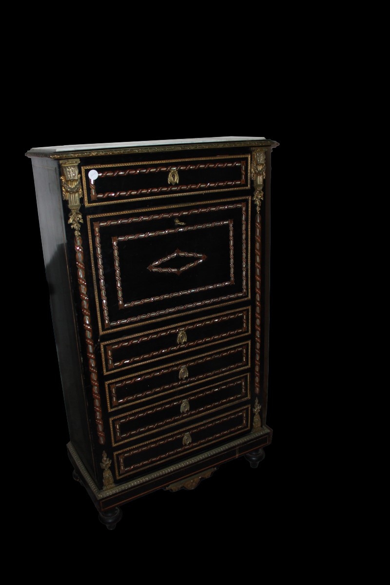 Secrétaire Napoléon III En Bois ébonisé Avec Incrustations De Nacre Du XIXe Siècle