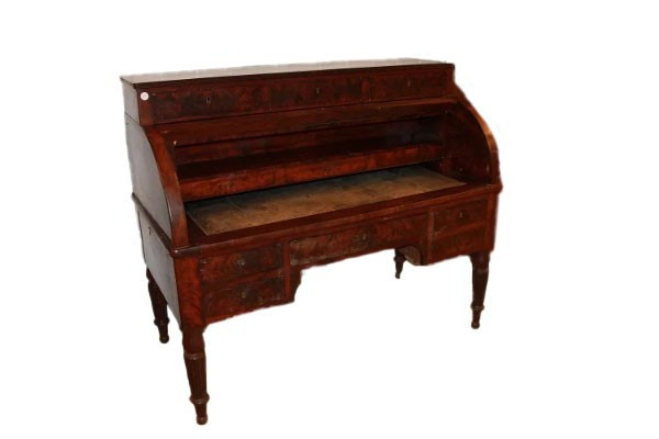 Grand Bureau à Cylindre Français Du Milieu Du XIXe Siècle, Style Directoire En Plume De Noyer