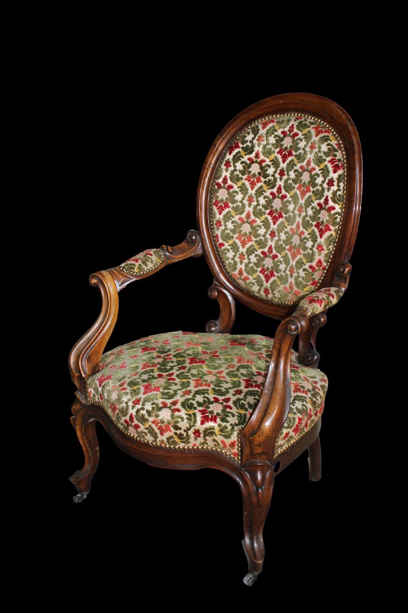 Fauteuil médaillon de style Louis Philippe en noyer - XIXe siècle-photo-2