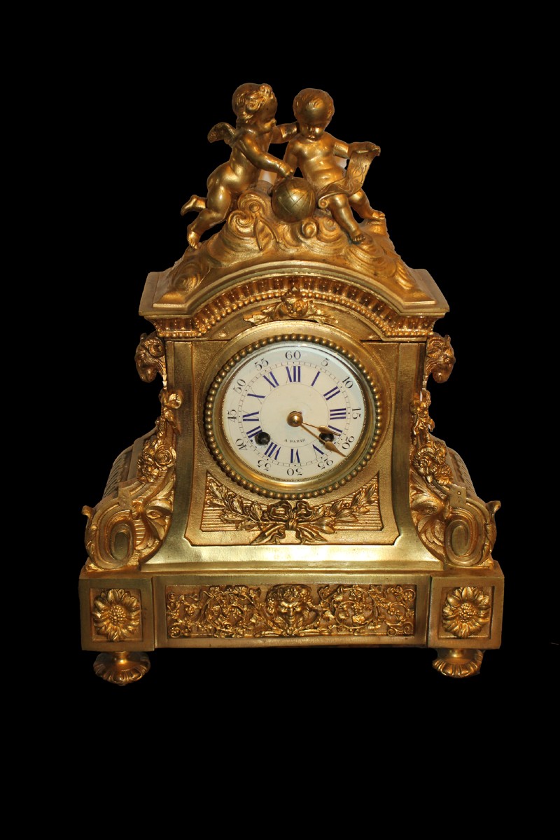 Louis XIV Style Gilded Bronze Table Clock - 19th Century