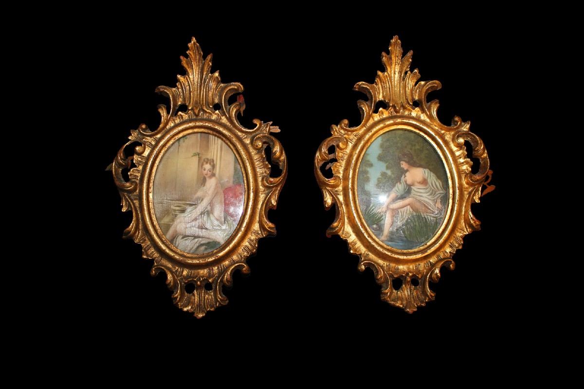 Paire de petits tableaux sous cadres dorés - XXe siècle