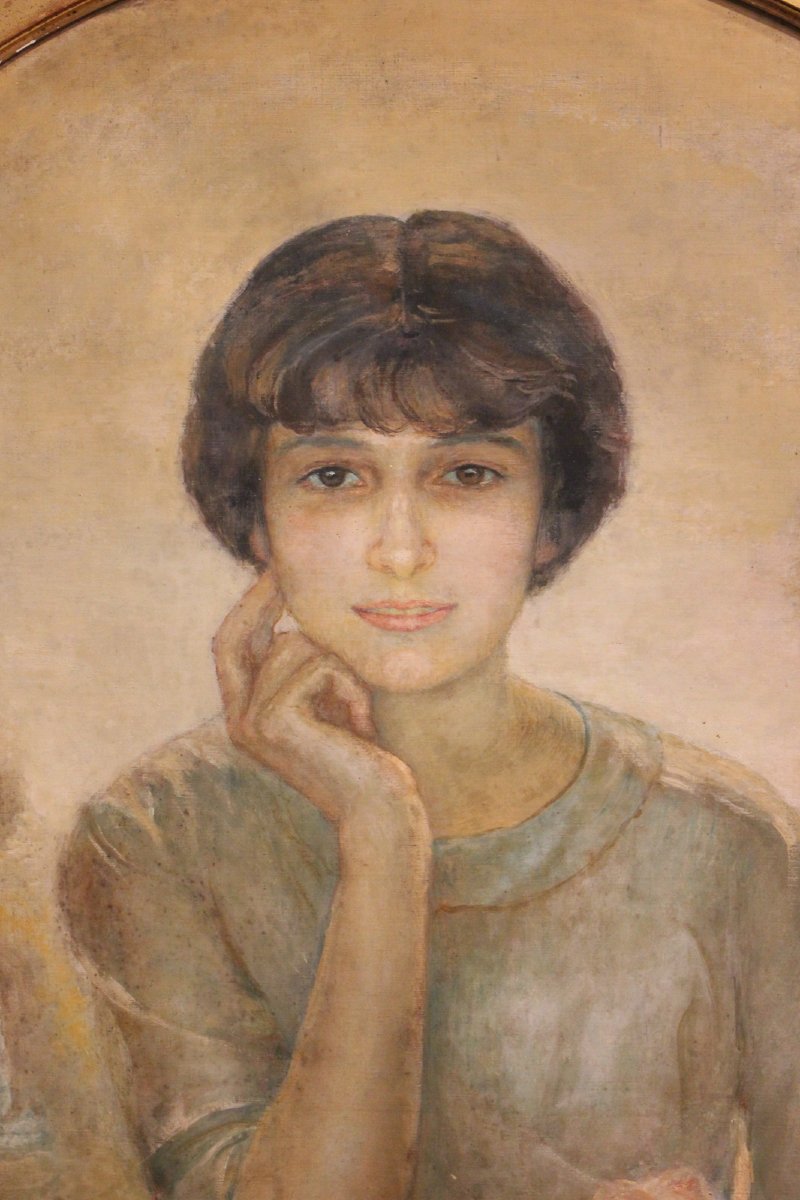 Oil On Canvas Portrait Of A Young Girl In Art Nouveau Style - 20th Century-photo-2