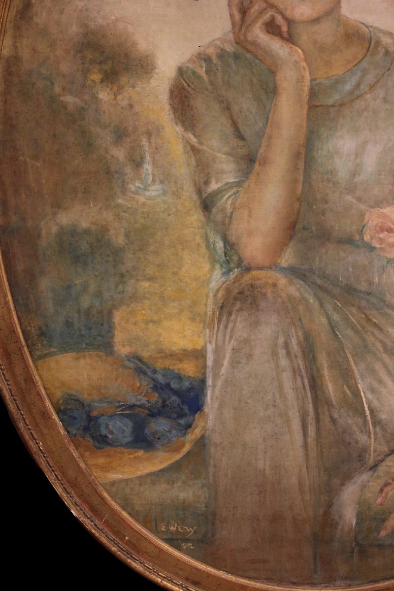 Oil On Canvas Portrait Of A Young Girl In Art Nouveau Style - 20th Century-photo-4