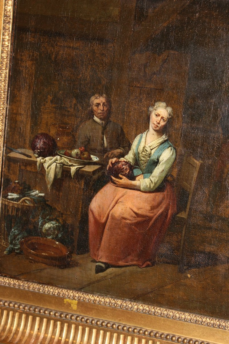 Paire de Peintures à l’Huile sur Toile Françaises, Scènes d’Intérieur, Fin XVIIIe Siècle-photo-2