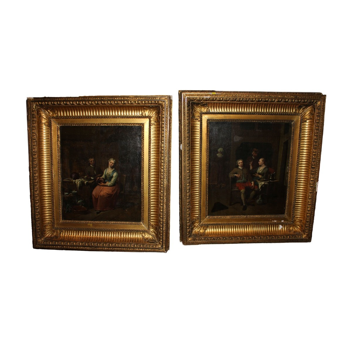 Paire de Peintures à l’Huile sur Toile Françaises, Scènes d’Intérieur, Fin XVIIIe Siècle