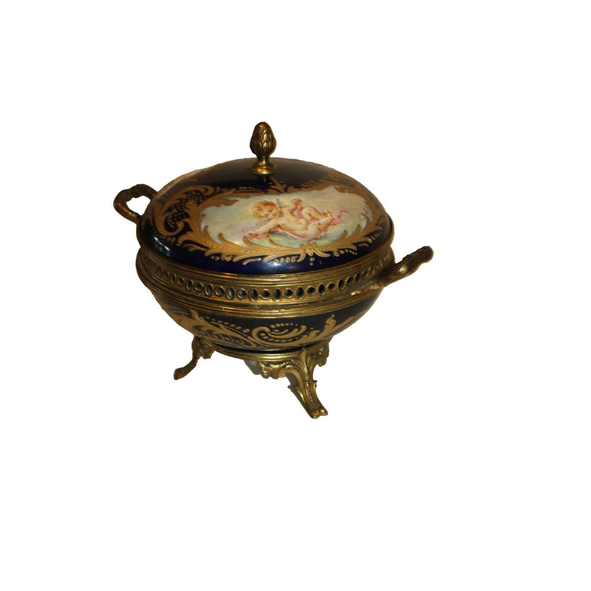 Petit centre de table porte-bijoux français en porcelaine bleue et putti dorés – Début XXᵉ sièc