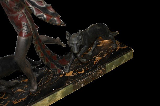 Large French Art Déco Table Sculpture In Marble And Bronze – Early 20th Century, Lady With Houn-photo-3