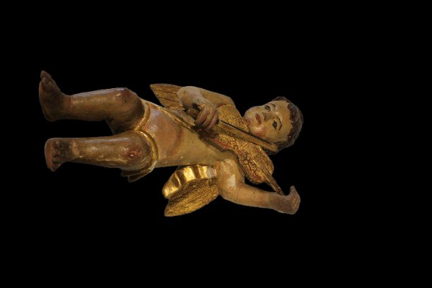 Paire de putti italiens baroques en bois polychrome avec violon – Fin XVIIᵉ siècle-photo-1