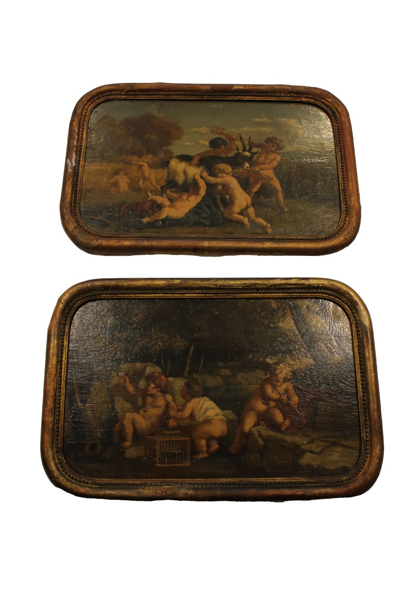 Paire de peintures françaises à l’huile sur panneau avec putti et animaux – Début XVIIIᵉ siècle