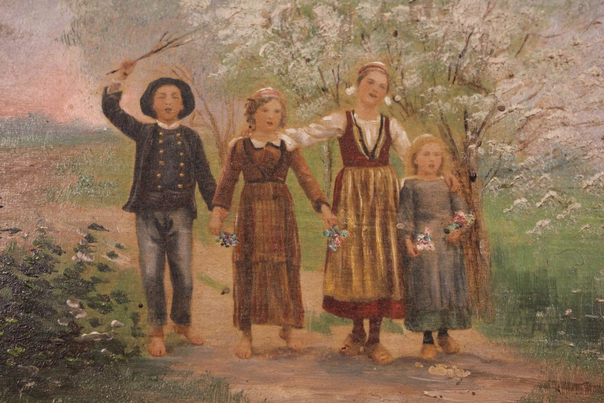 French Oil On Panel With Rural Landscape And Children – Late 19th Century-photo-2