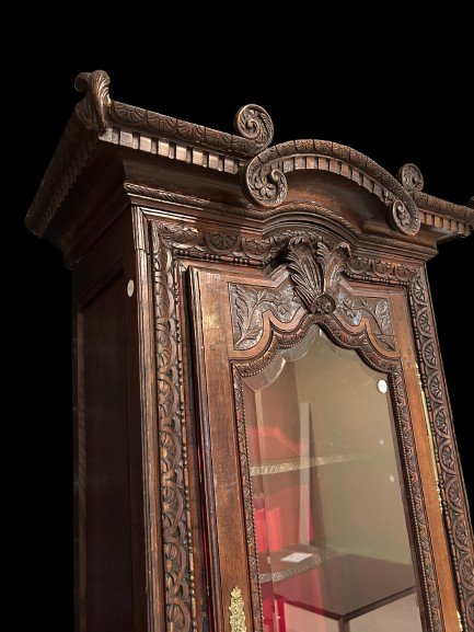Vitrine Française en Chêne avec Fronton en Temple et Sculptures – Seconde Moitié XIXe siècle-photo-3