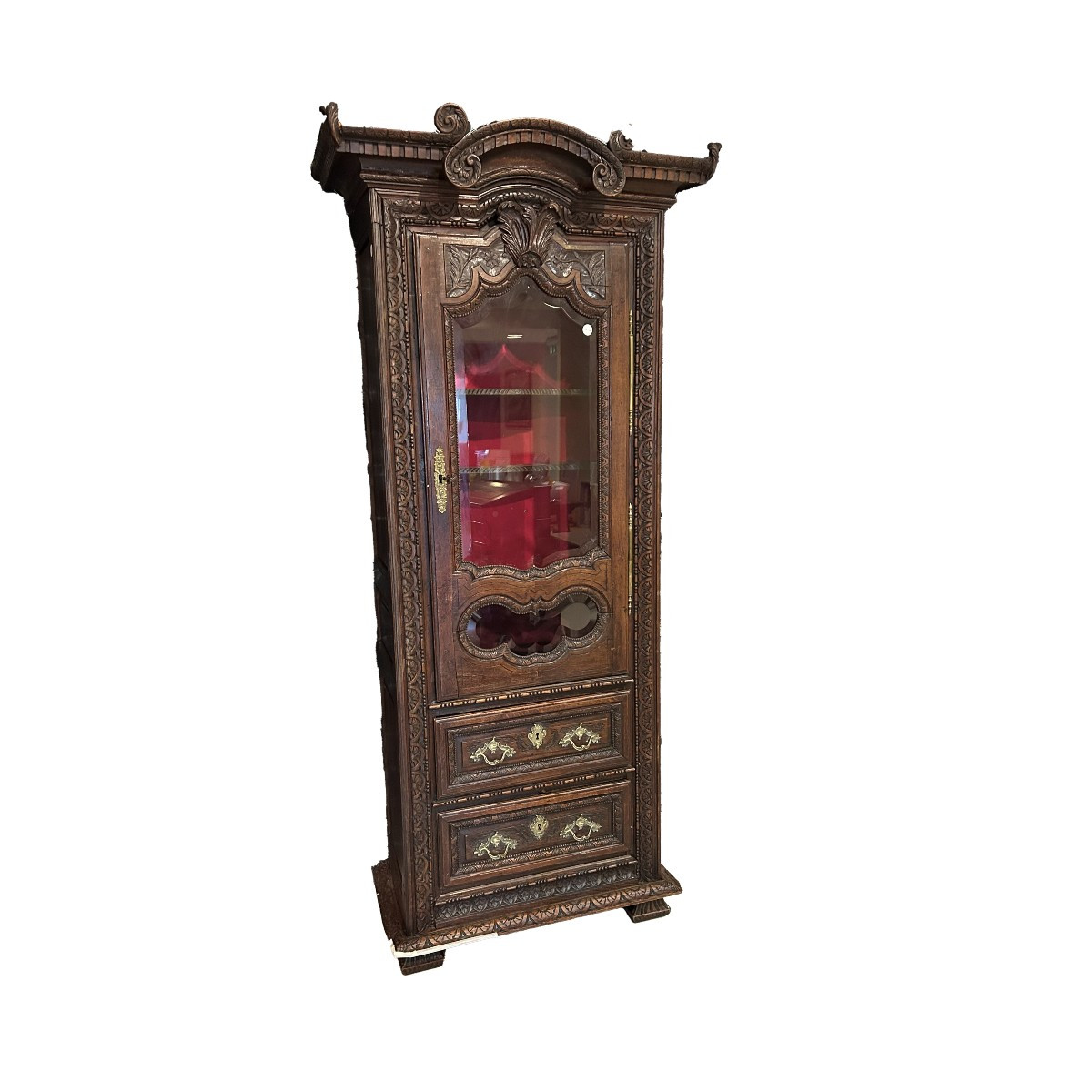 Vitrine Française en Chêne avec Fronton en Temple et Sculptures – Seconde Moitié XIXe siècle